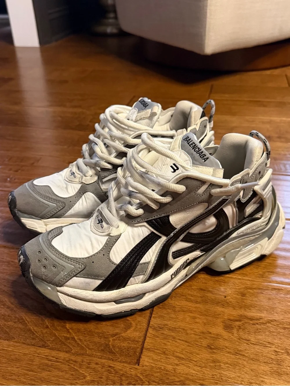 Balenciaga White, Gray & Black Layered Runner Sneakers